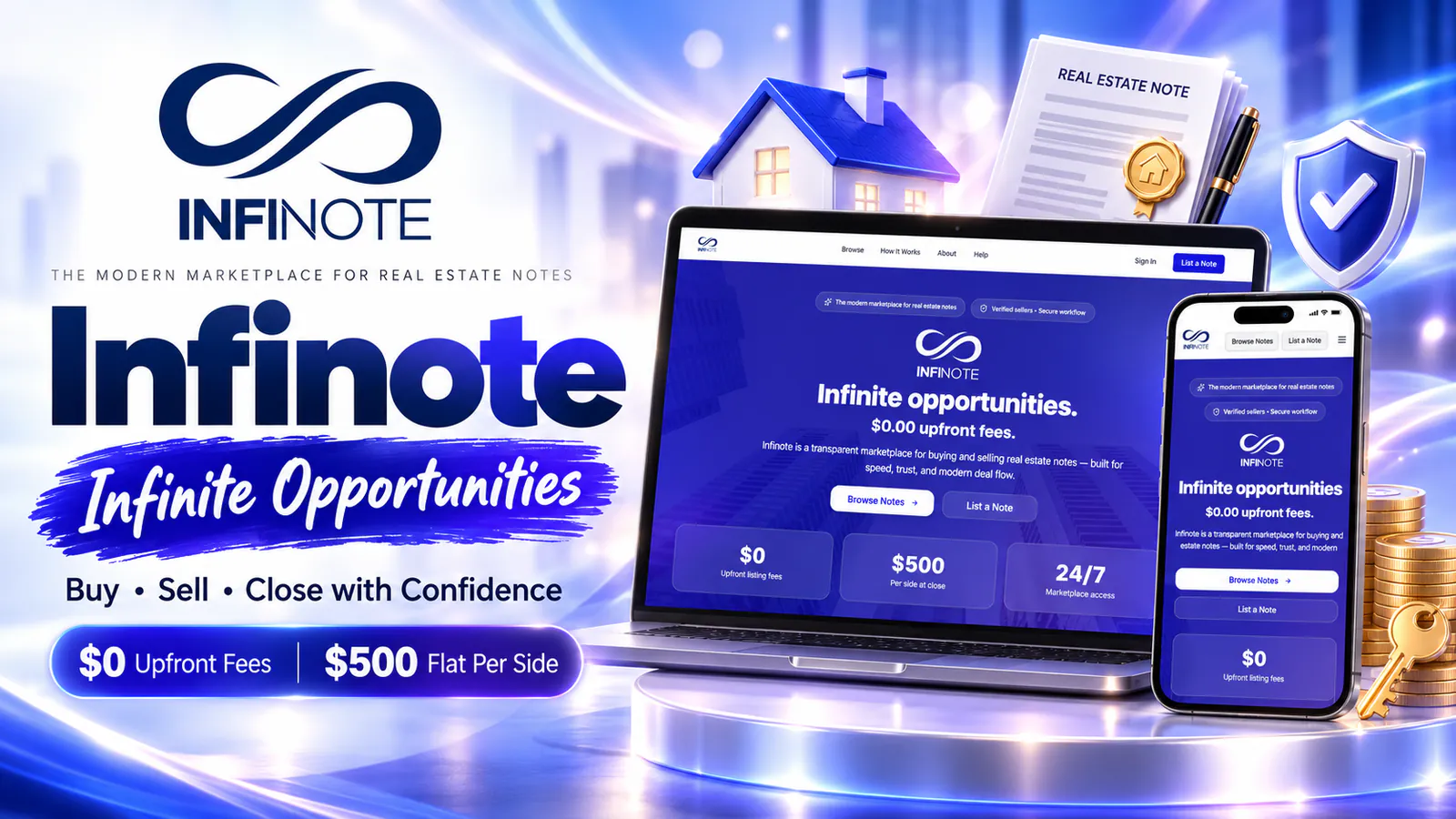 Infinote real estate note marketplace banner showing the website on a laptop and phone, with $0 upfront fees