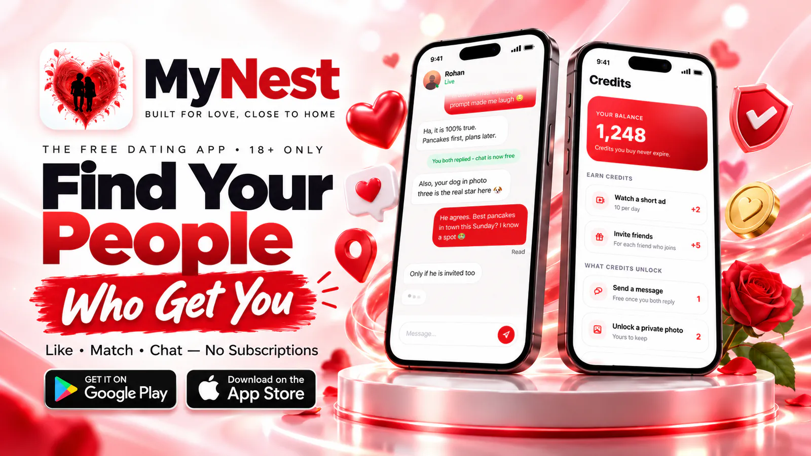 MyNest free dating app banner showing the chat and credits screens on two iPhones, with the tagline Find Your People Who Get You